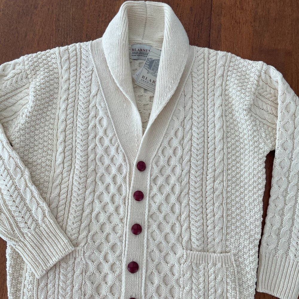 Irish wool sweater, fancy shawl collar